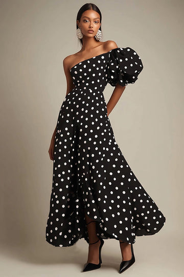 Une Épaule Une Ligne Noir Blanc Pois Robe